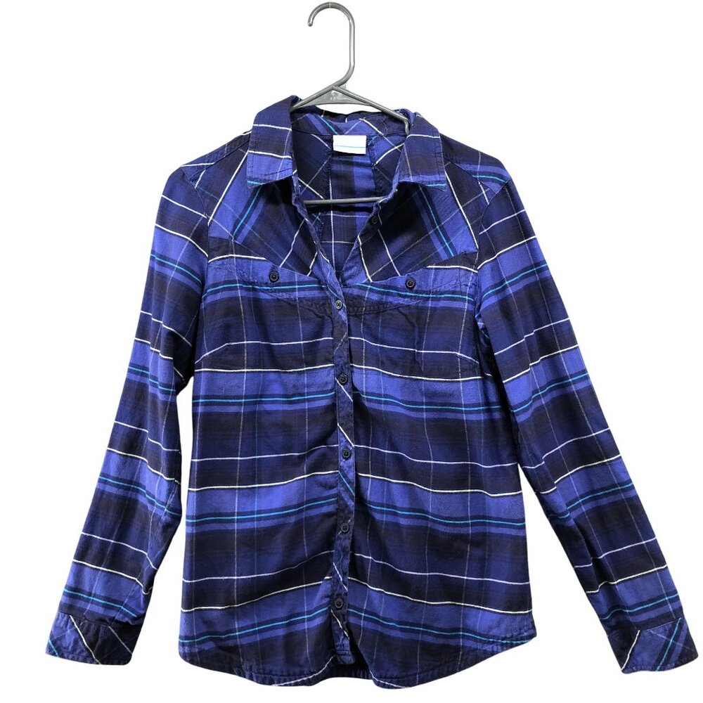 Columbia Flannel Shirt Womens M Blue Plaid Button Down Chest Pocket Outdoors